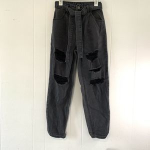 Boohoo Tall Womens 4 Jeans High Paperbag Waist Distressed Holes Black Tie Belt